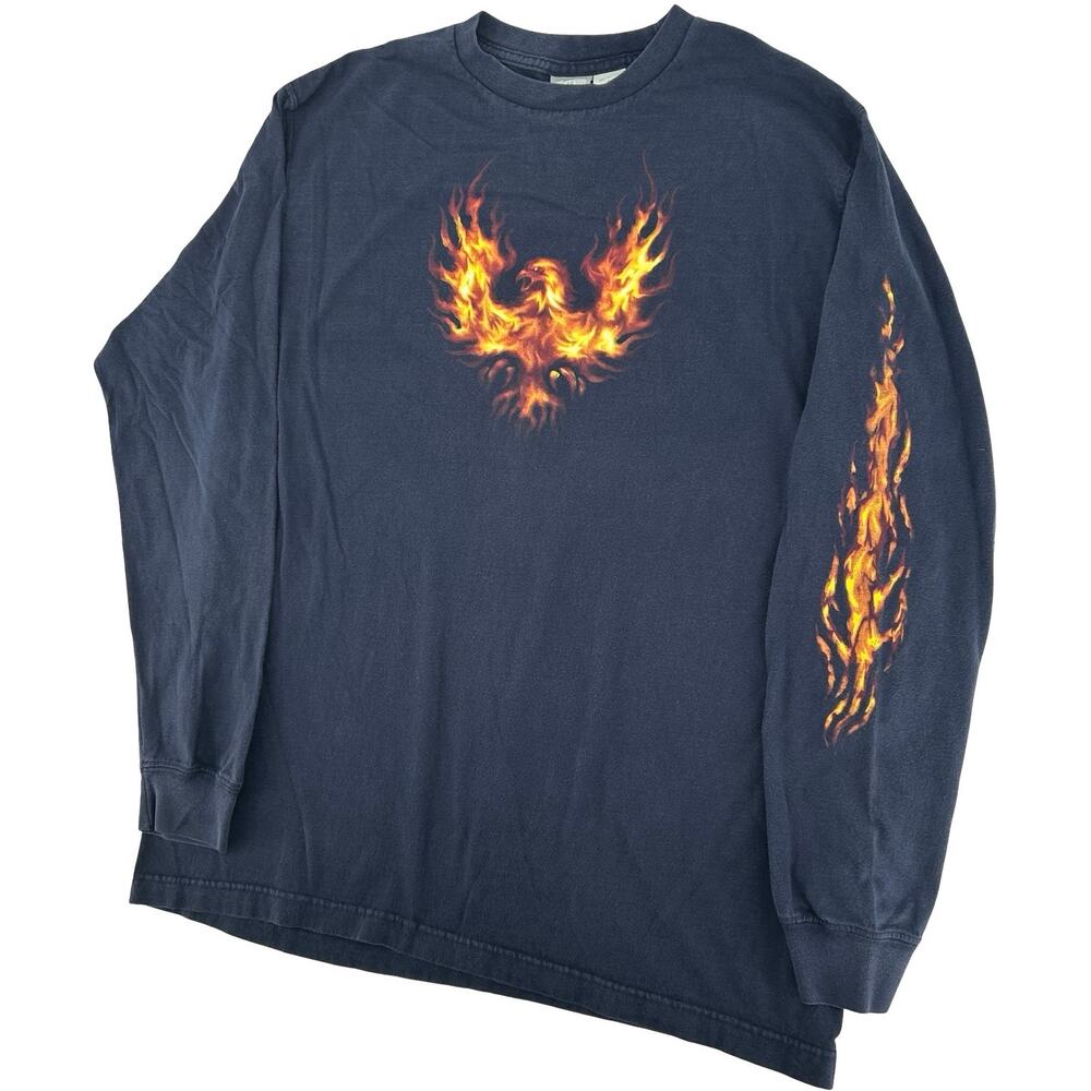 Vintage y2k Men's Navy Blue Orange Phoenix Flame Graphic Long Sleeve Shirt Sz L